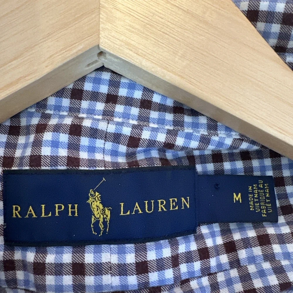 Polo Ralph Lauren Shirt Mens Medium Blue White Gingham Check Button Down Pony